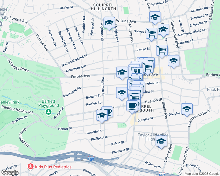 map of restaurants, bars, coffee shops, grocery stores, and more near 5622 Darlington Road in Pittsburgh