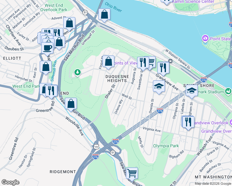map of restaurants, bars, coffee shops, grocery stores, and more near 331 Clarence Street in Pittsburgh