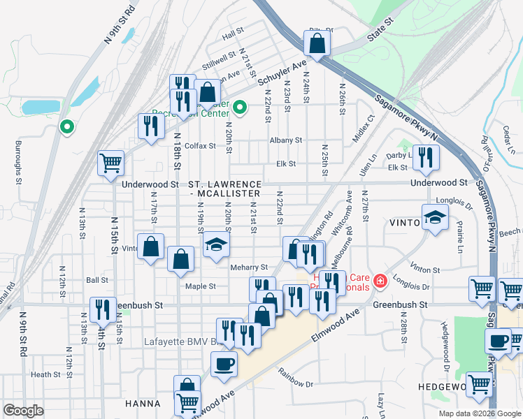 map of restaurants, bars, coffee shops, grocery stores, and more near 2108 Charles St in Lafayette