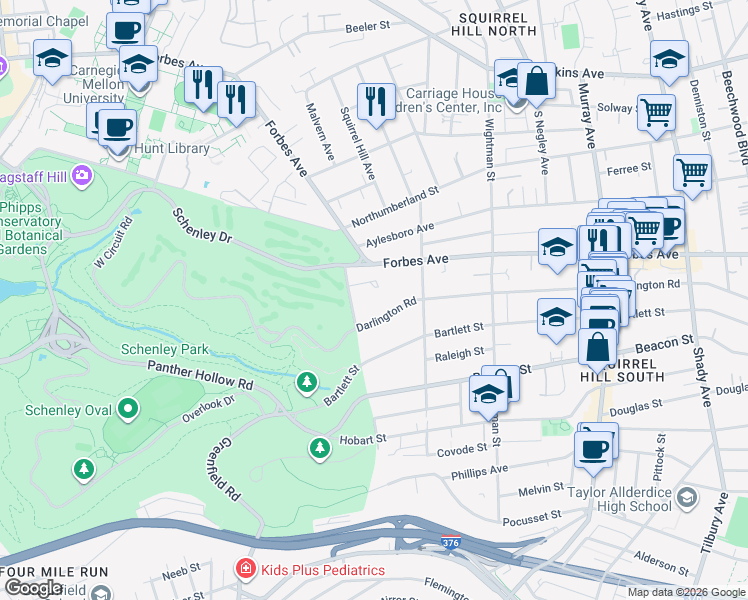 map of restaurants, bars, coffee shops, grocery stores, and more near 5327 Darlington Road in Pittsburgh