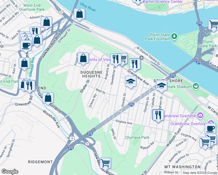 map of restaurants, bars, coffee shops, grocery stores, and more near 309 Sweetbriar Street in Pittsburgh