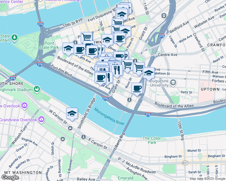 map of restaurants, bars, coffee shops, grocery stores, and more near First Avenue in Pittsburgh