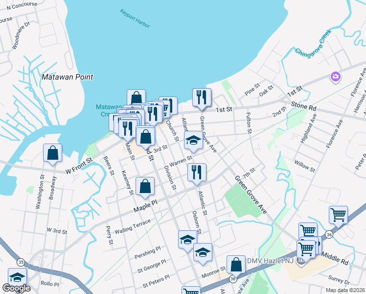 map of restaurants, bars, coffee shops, grocery stores, and more near 70 Church Street in Keyport