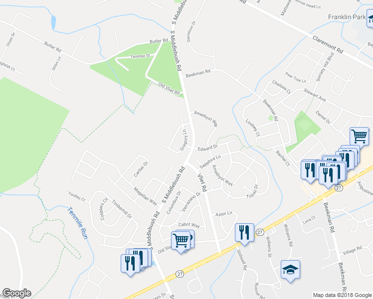 map of restaurants, bars, coffee shops, grocery stores, and more near 101 Gregory Lane in Franklin Township