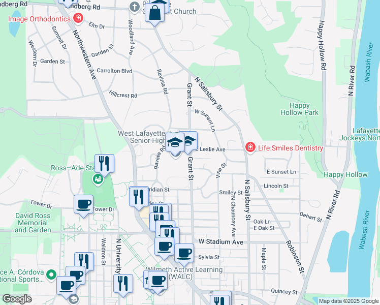 map of restaurants, bars, coffee shops, grocery stores, and more near 1105 North Grant Street in West Lafayette