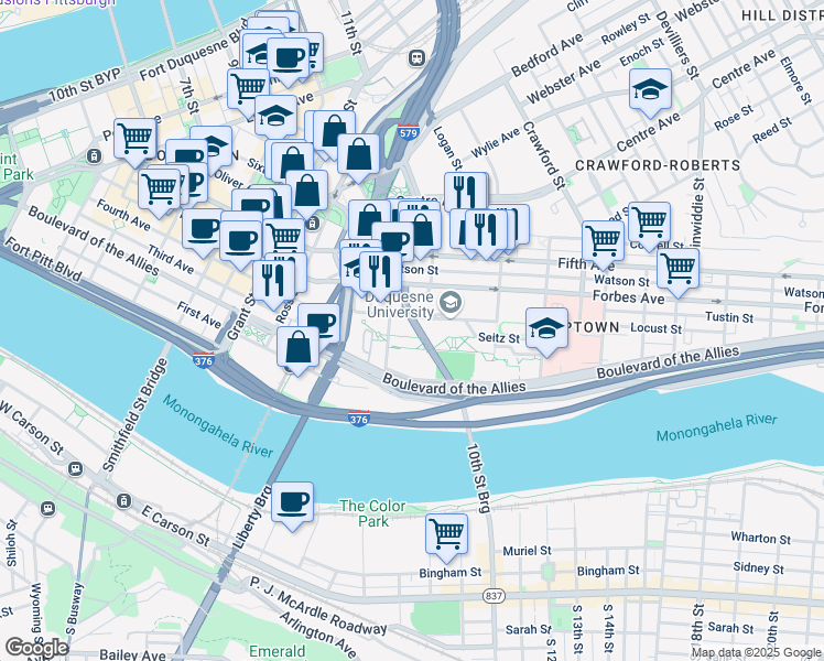 map of restaurants, bars, coffee shops, grocery stores, and more near 900 Locust Street in Pittsburgh