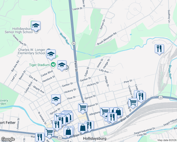 map of restaurants, bars, coffee shops, grocery stores, and more near 918 Edgar Street in Hollidaysburg