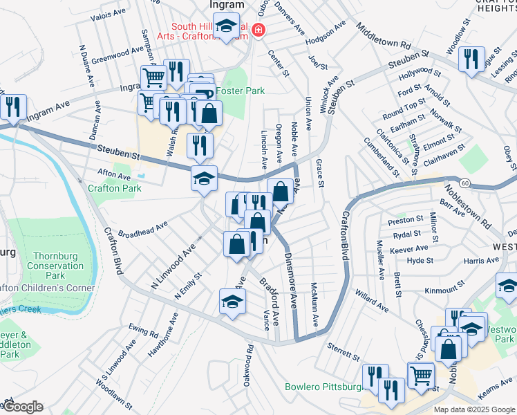 map of restaurants, bars, coffee shops, grocery stores, and more near 34 Division Street in Crafton
