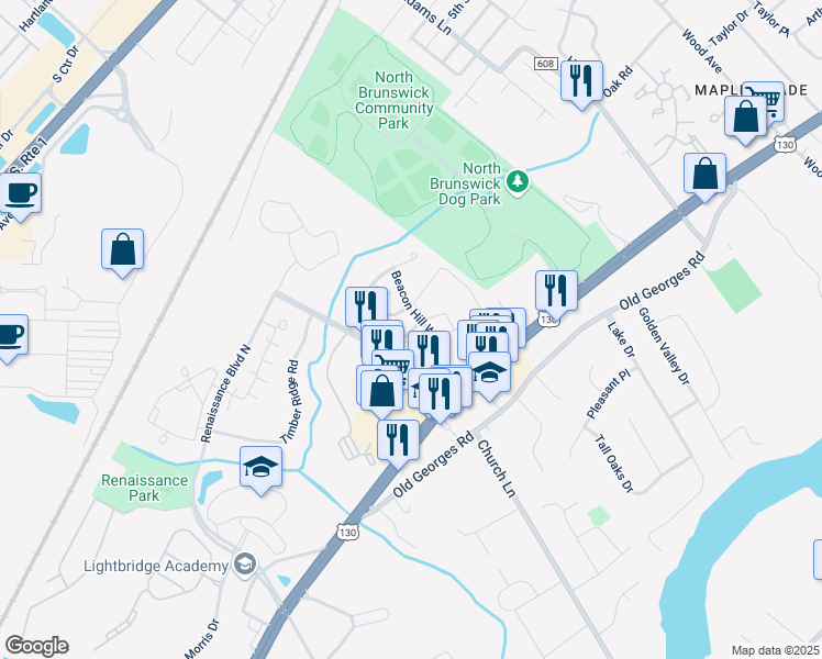 map of restaurants, bars, coffee shops, grocery stores, and more near 214 Concord Place in North Brunswick Township
