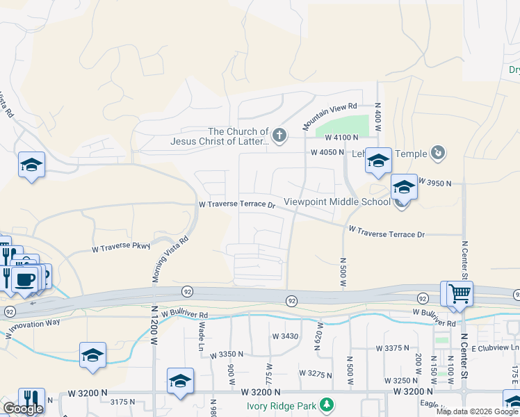 map of restaurants, bars, coffee shops, grocery stores, and more near 841 Horizon Drive in Lehi