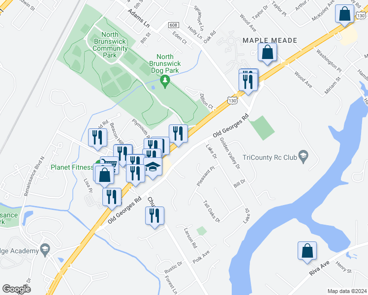 map of restaurants, bars, coffee shops, grocery stores, and more near 2086 U.S. 130 in North Brunswick Township