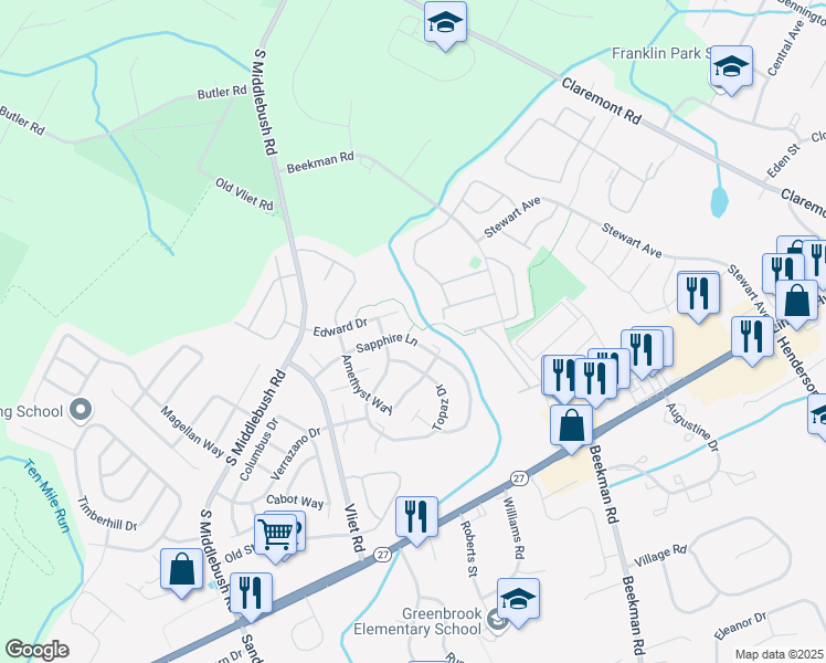 map of restaurants, bars, coffee shops, grocery stores, and more near 122 Edward Drive in Franklin Township