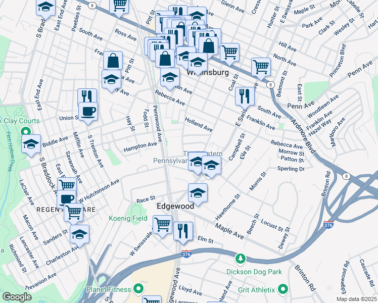 map of restaurants, bars, coffee shops, grocery stores, and more near 213 Center Street in Pittsburgh