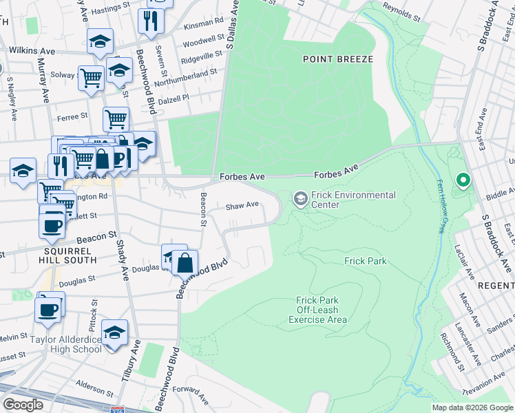 map of restaurants, bars, coffee shops, grocery stores, and more near 1877 Shaw Avenue in Pittsburgh