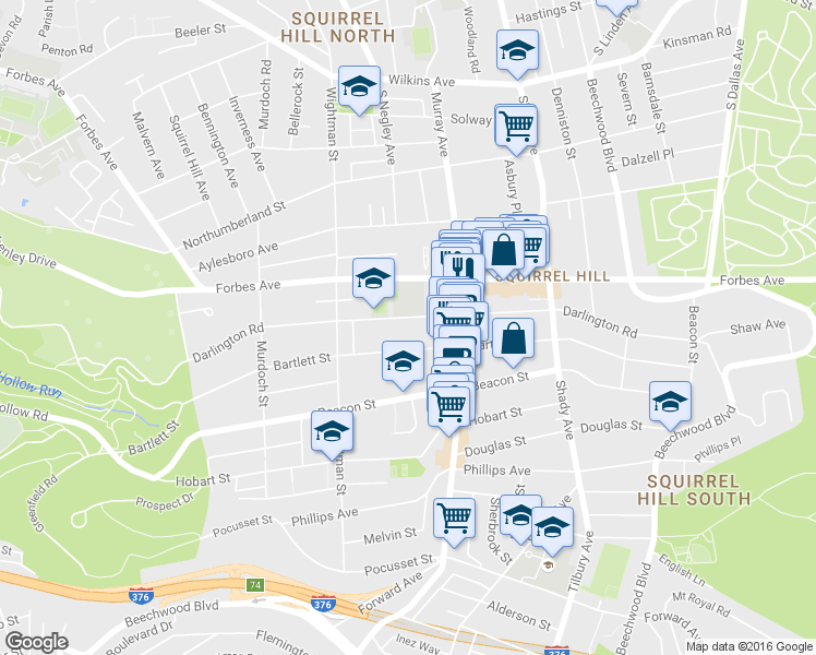 map of restaurants, bars, coffee shops, grocery stores, and more near 5708 Darlington Road in Pittsburgh
