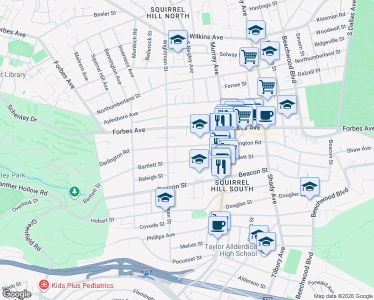 map of restaurants, bars, coffee shops, grocery stores, and more near 5645 Darlington Road in Pittsburgh