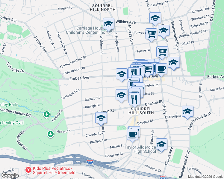 map of restaurants, bars, coffee shops, grocery stores, and more near 5645 Darlington Road in Pittsburgh