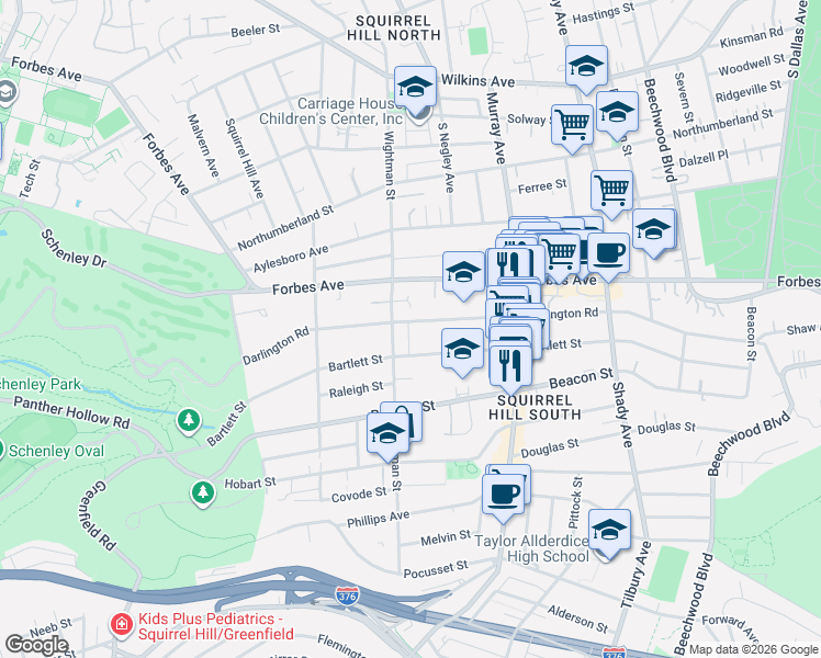 map of restaurants, bars, coffee shops, grocery stores, and more near 5601 Darlington Road in Pittsburgh