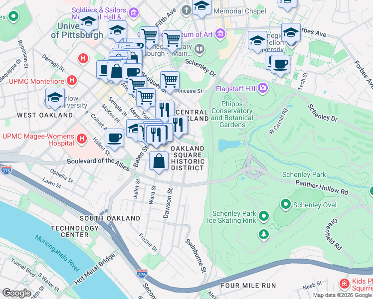 map of restaurants, bars, coffee shops, grocery stores, and more near 15 Oakland Square in Pittsburgh