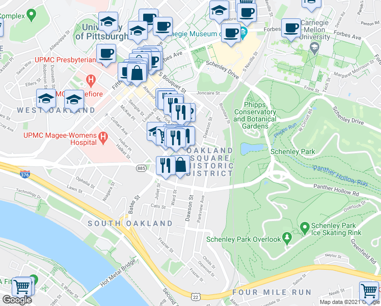 map of restaurants, bars, coffee shops, grocery stores, and more near 434 Atwood Street in Pittsburgh