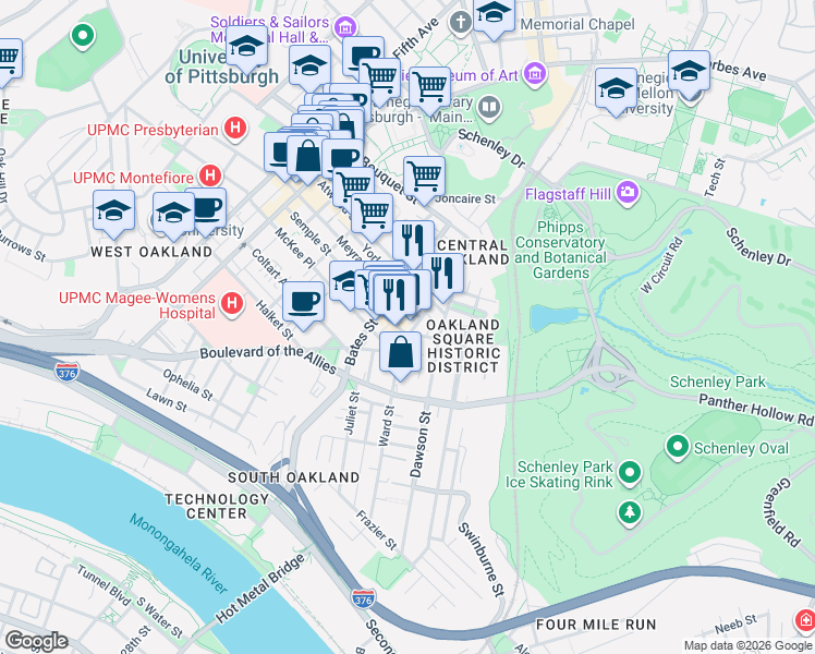 map of restaurants, bars, coffee shops, grocery stores, and more near in Pittsburgh