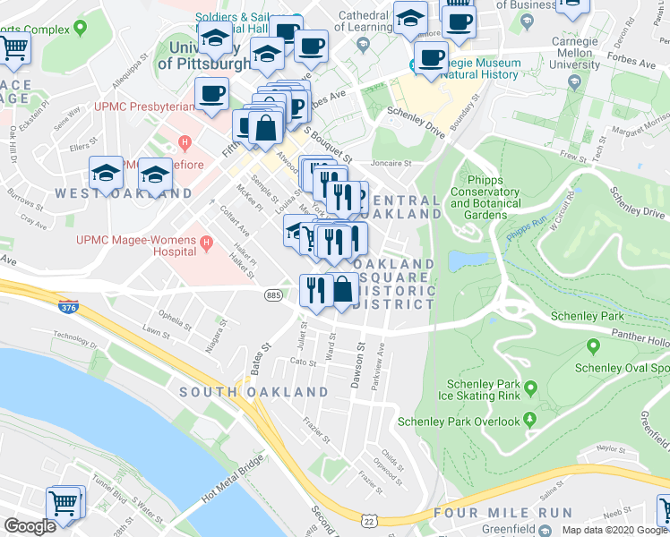 map of restaurants, bars, coffee shops, grocery stores, and more near in Pittsburgh