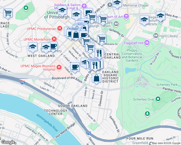 map of restaurants, bars, coffee shops, grocery stores, and more near in Pittsburgh