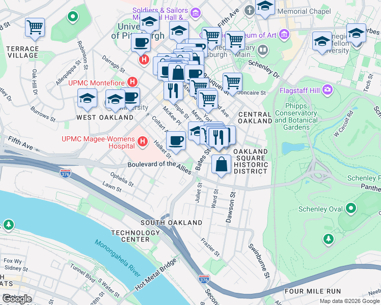 map of restaurants, bars, coffee shops, grocery stores, and more near 339 Coltart Avenue in Pittsburgh