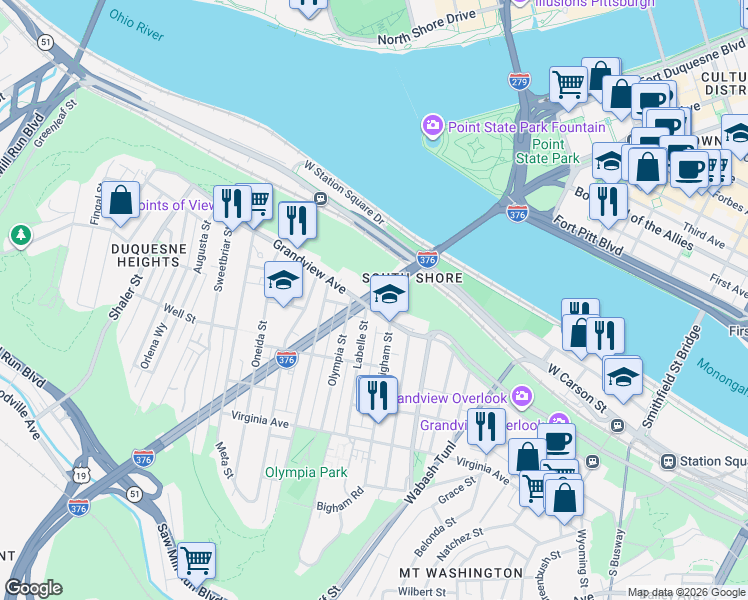 map of restaurants, bars, coffee shops, grocery stores, and more near 916 Grandview Avenue in Pittsburgh
