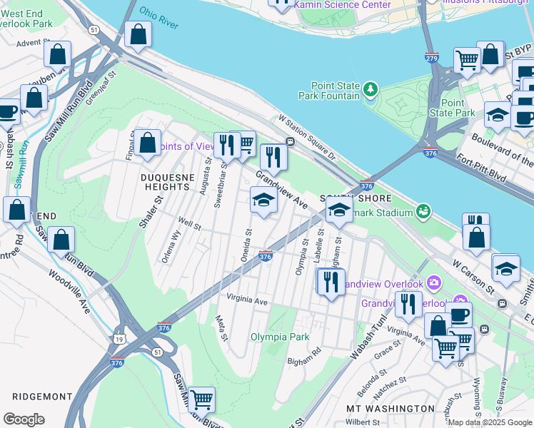 map of restaurants, bars, coffee shops, grocery stores, and more near 126 Cohassett Street in Pittsburgh