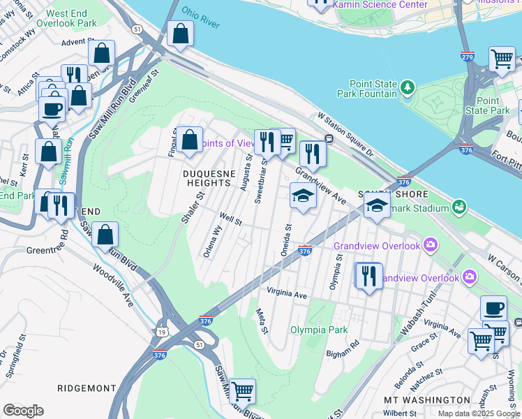 map of restaurants, bars, coffee shops, grocery stores, and more near 309 Sweetbriar Street in Pittsburgh