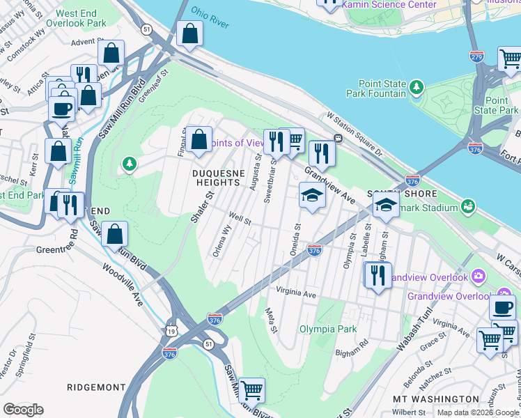 map of restaurants, bars, coffee shops, grocery stores, and more near 309 Sweetbriar Street in Pittsburgh