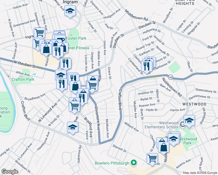 map of restaurants, bars, coffee shops, grocery stores, and more near 34 Union Avenue in Crafton