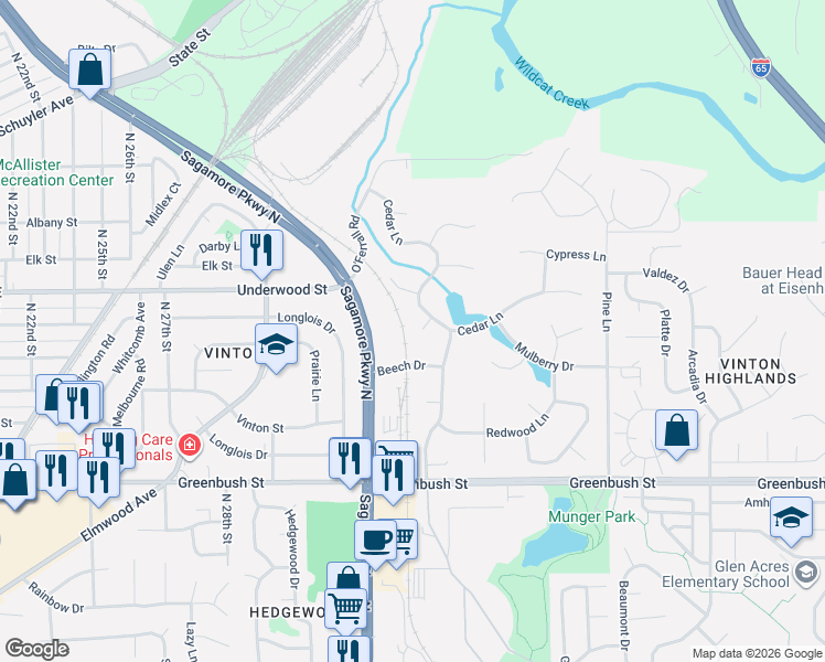 map of restaurants, bars, coffee shops, grocery stores, and more near 3311 Cedar Ln in Lafayette