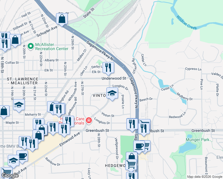 map of restaurants, bars, coffee shops, grocery stores, and more near 3101-3103 Longlois Drive in Lafayette