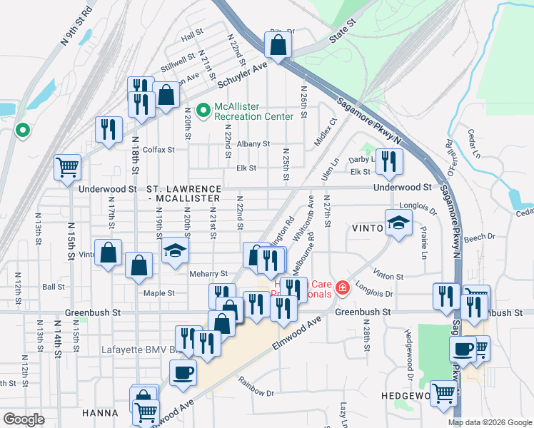 map of restaurants, bars, coffee shops, grocery stores, and more near 2402 Charles Street in Lafayette
