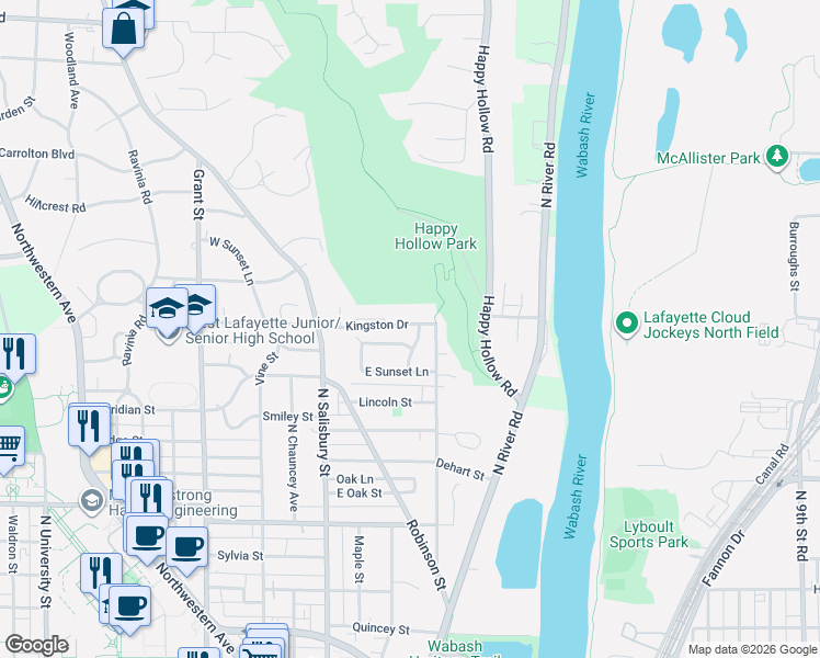 map of restaurants, bars, coffee shops, grocery stores, and more near 200 Kingston Drive in West Lafayette