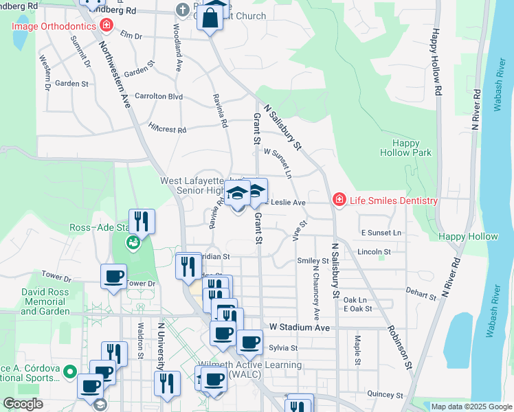 map of restaurants, bars, coffee shops, grocery stores, and more near 334 Leslie Court in West Lafayette