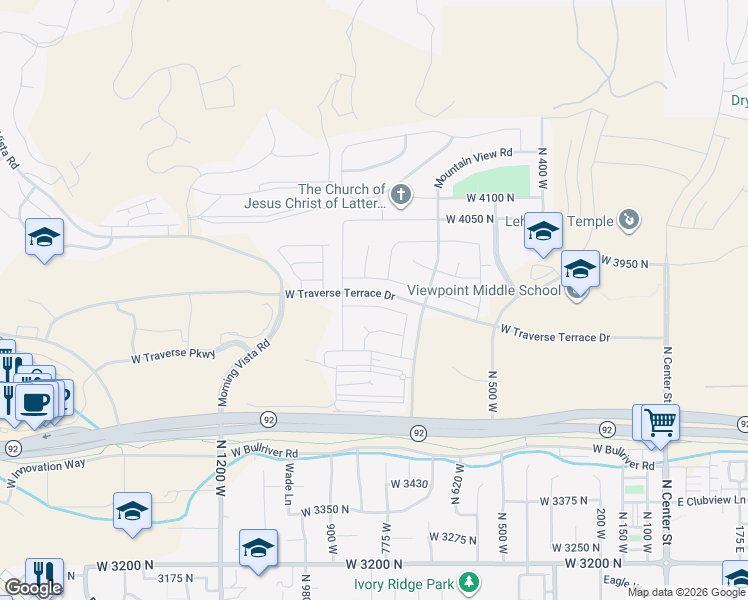 map of restaurants, bars, coffee shops, grocery stores, and more near 841 Horizon Drive in Lehi