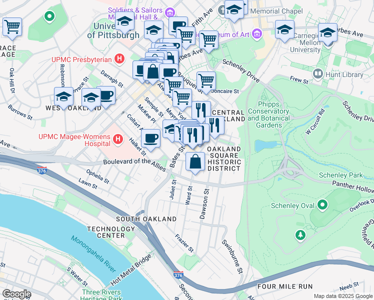 map of restaurants, bars, coffee shops, grocery stores, and more near in Pittsburgh