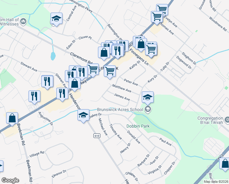 map of restaurants, bars, coffee shops, grocery stores, and more near 26 Matthew Avenue in South Brunswick Township