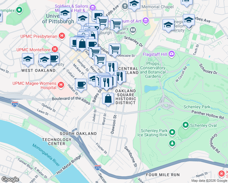 map of restaurants, bars, coffee shops, grocery stores, and more near 434 Atwood Street in Pittsburgh