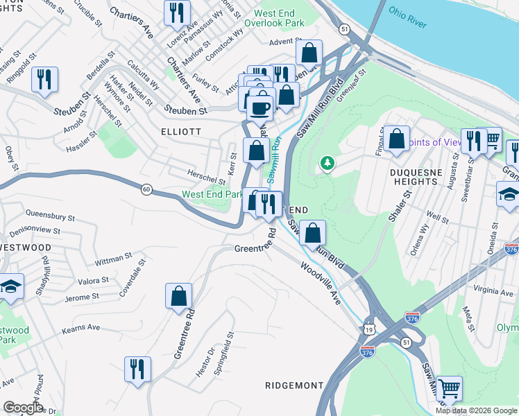 map of restaurants, bars, coffee shops, grocery stores, and more near 141 Wabash Street in Pittsburgh