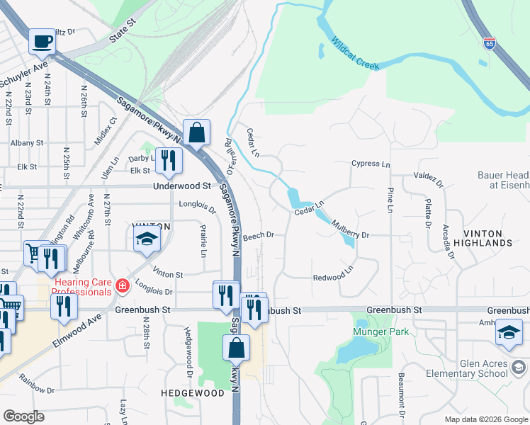 map of restaurants, bars, coffee shops, grocery stores, and more near 3311 Cedar Ln in Lafayette