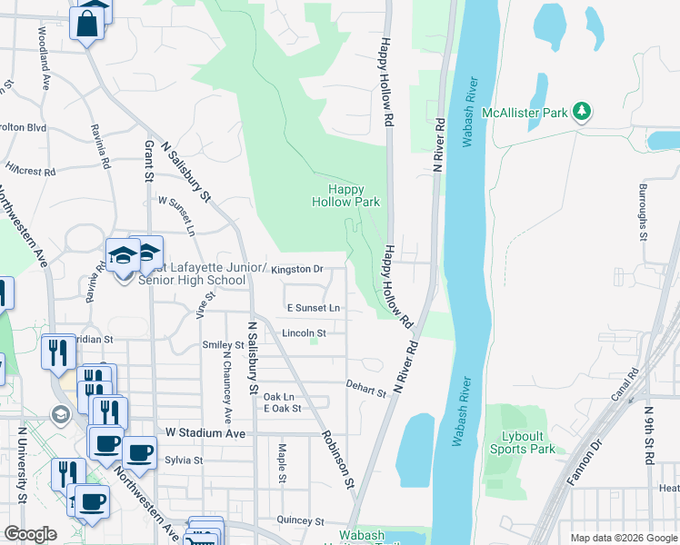 map of restaurants, bars, coffee shops, grocery stores, and more near 940 Rose Street in West Lafayette