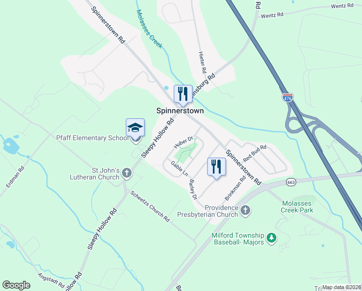 map of restaurants, bars, coffee shops, grocery stores, and more near 2081 Huber Drive in Quakertown