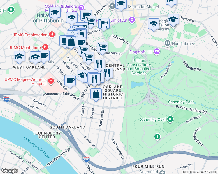 map of restaurants, bars, coffee shops, grocery stores, and more near 434 Atwood Street in Pittsburgh