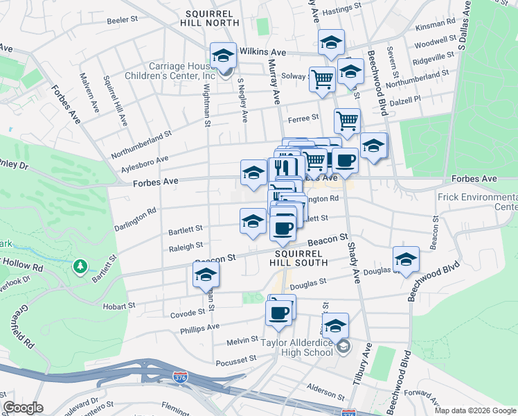 map of restaurants, bars, coffee shops, grocery stores, and more near 5706 Darlington Road in Pittsburgh
