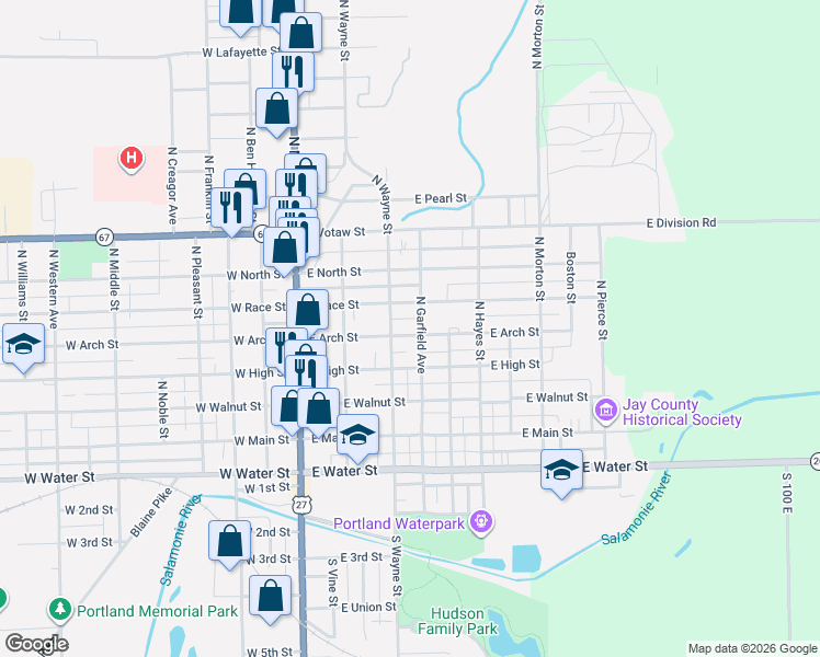 map of restaurants, bars, coffee shops, grocery stores, and more near North Garfield Avenue in Portland