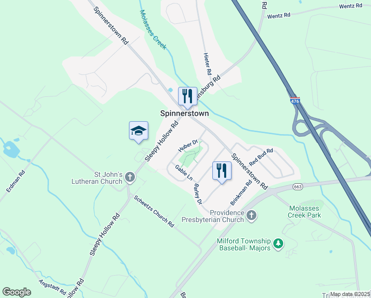 map of restaurants, bars, coffee shops, grocery stores, and more near 2075 Huber Drive in Quakertown